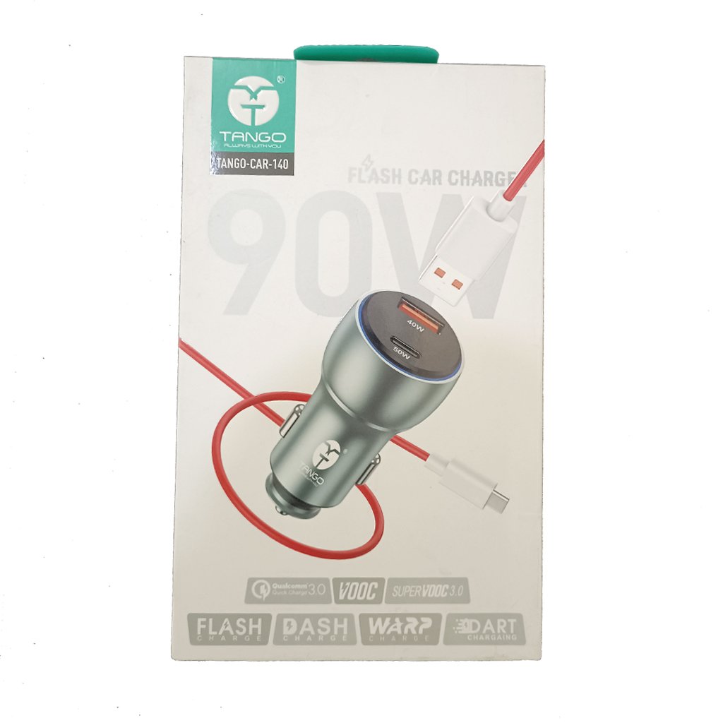 TANGO 90W Dual Port Flash Car Charger | 50W Type-C & 40W USB-A | Supports SuperVOOC, Warp, Dash, Dart & QC 3.0 (Model: TANGO-CAR-140)